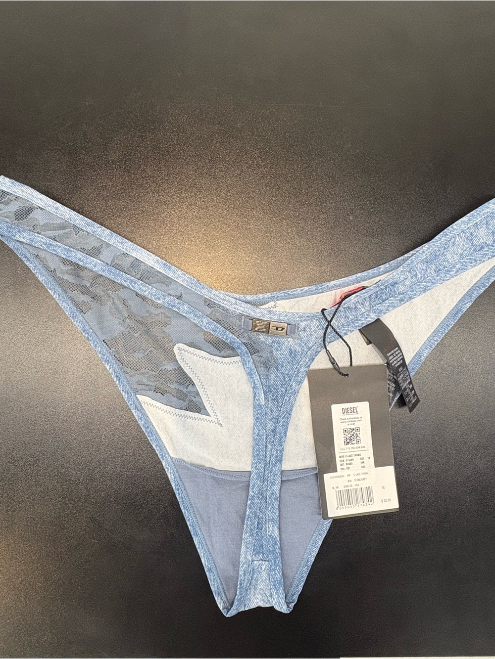 Diesel x Savage Fenty Light Blue Denim-Look Lace Thong